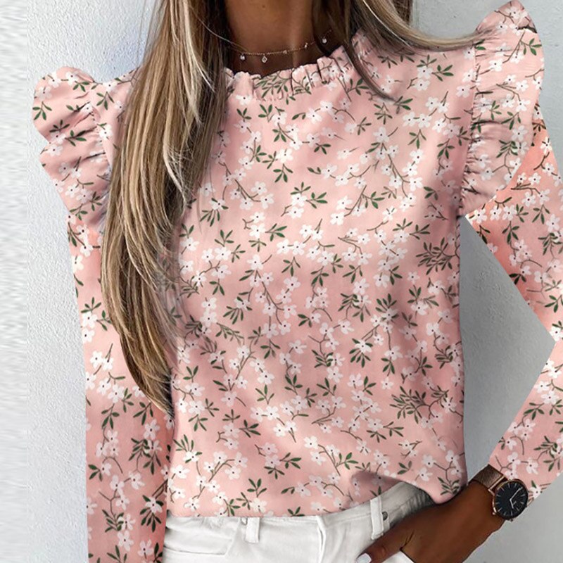 Women's O-Neck Polyester Full Sleeve Pullover Slim Print Blouses