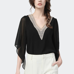 Women's V-Neck Half Sleeves Irregular Cape Lace Chiffon Blouse