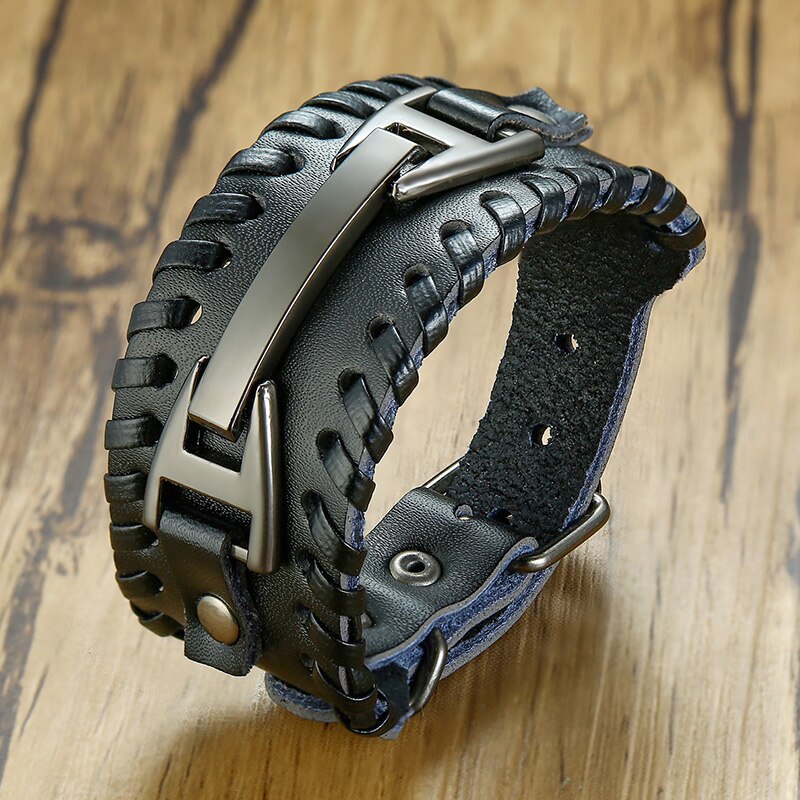 Men's Genuine Leather Round Shaped Link Chain Wrist Bracelet