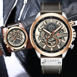 Men's Leather Mechanical Buckle Clasp Waterproof Wrist Watch