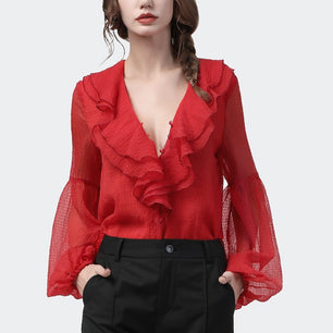 Women's Deep V-Neck Full Sleeve Solid Ruffle Chiffon Blouses