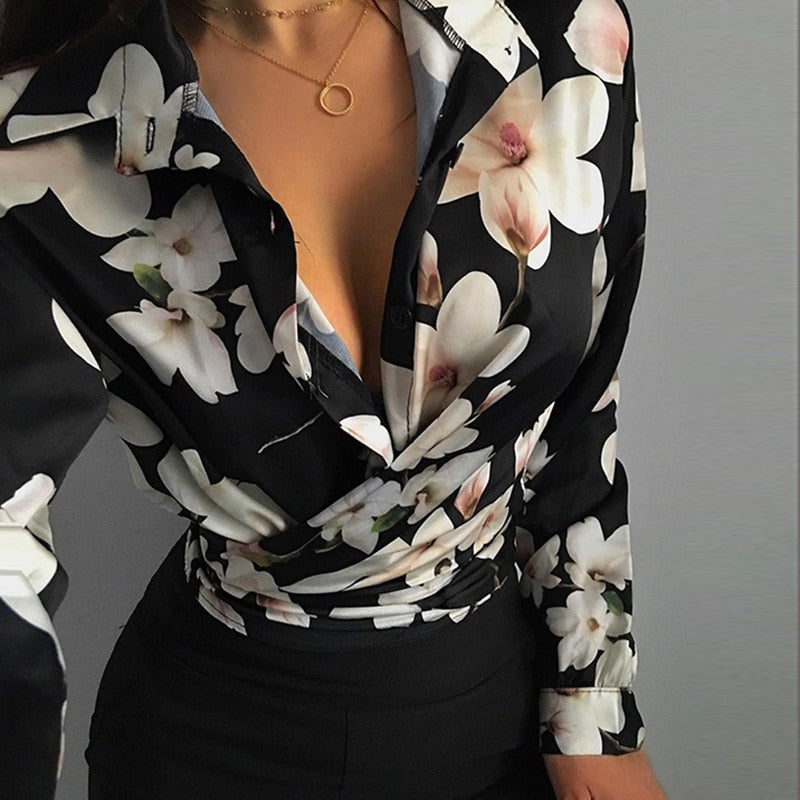 Women's Polyester Turndown Collar Full Sleeves Elegant Blouse