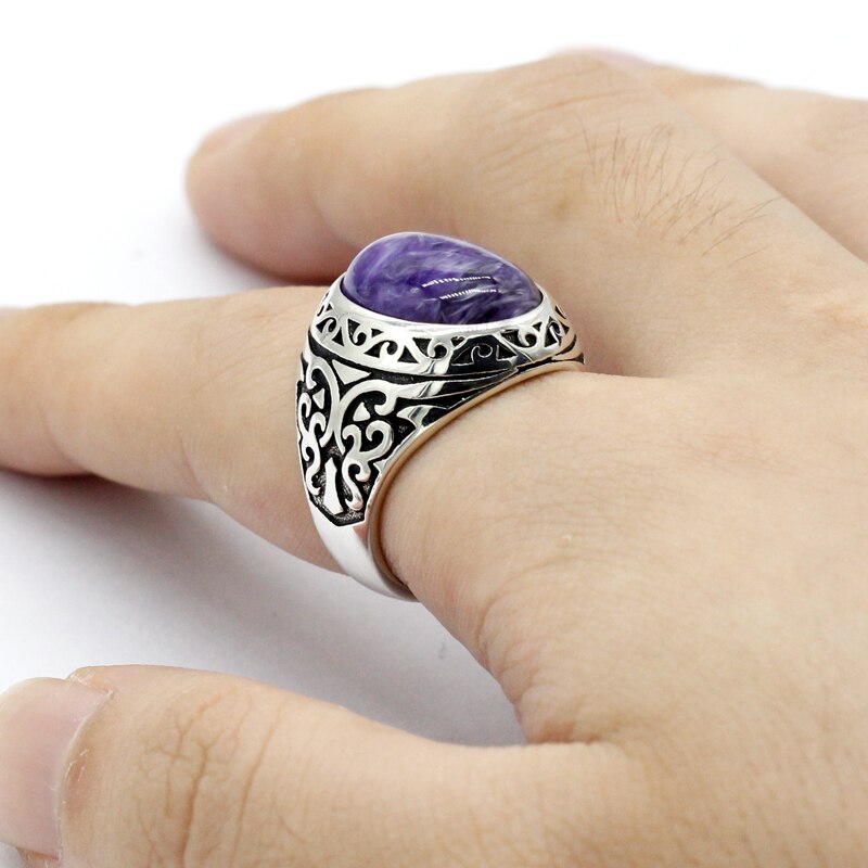 Men's 100% 925 Sterling Silver Charoite Bezel Setting Oval Ring