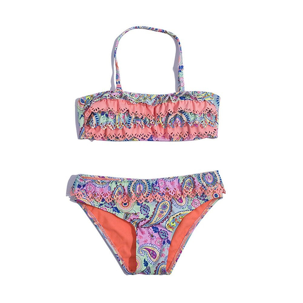 Kid's Girl Spandex Mid Waist Bathing Printed Swimwear Bikini Set