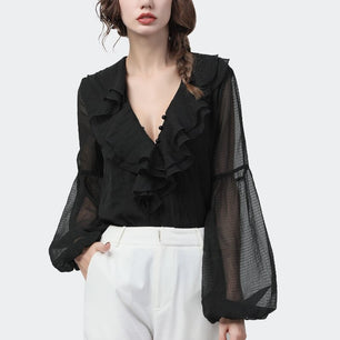 Women's Deep V-Neck Full Sleeve Solid Ruffle Chiffon Blouses