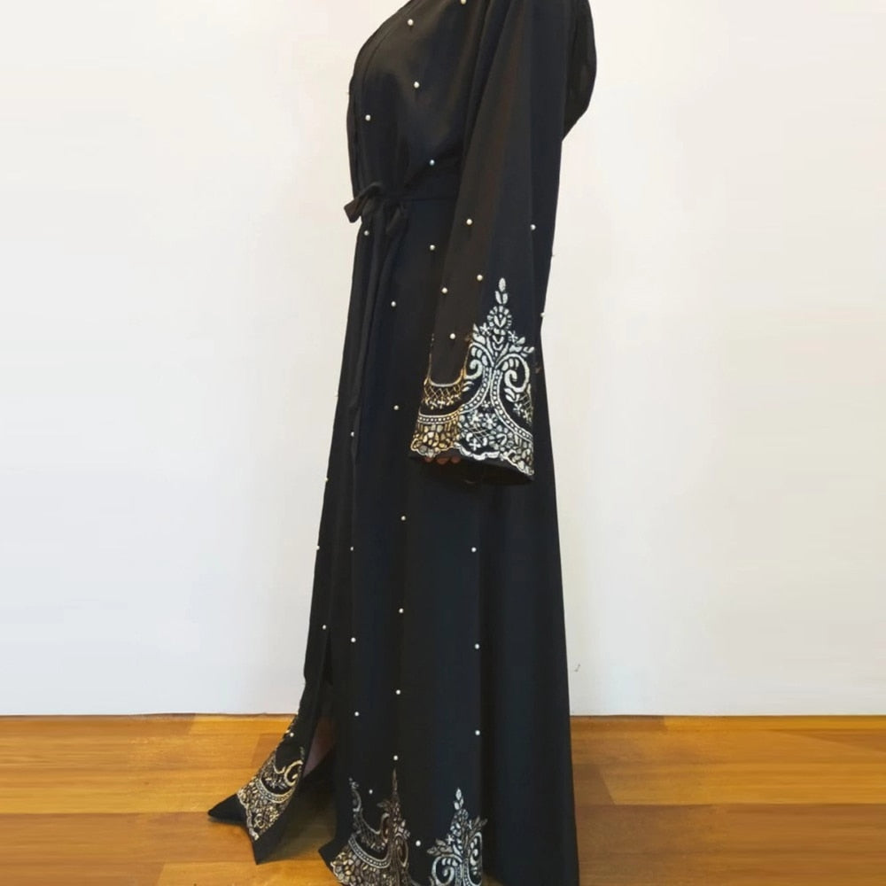 Women's Arabian Polyester Full Sleeve Beaded Elegant Open Abaya