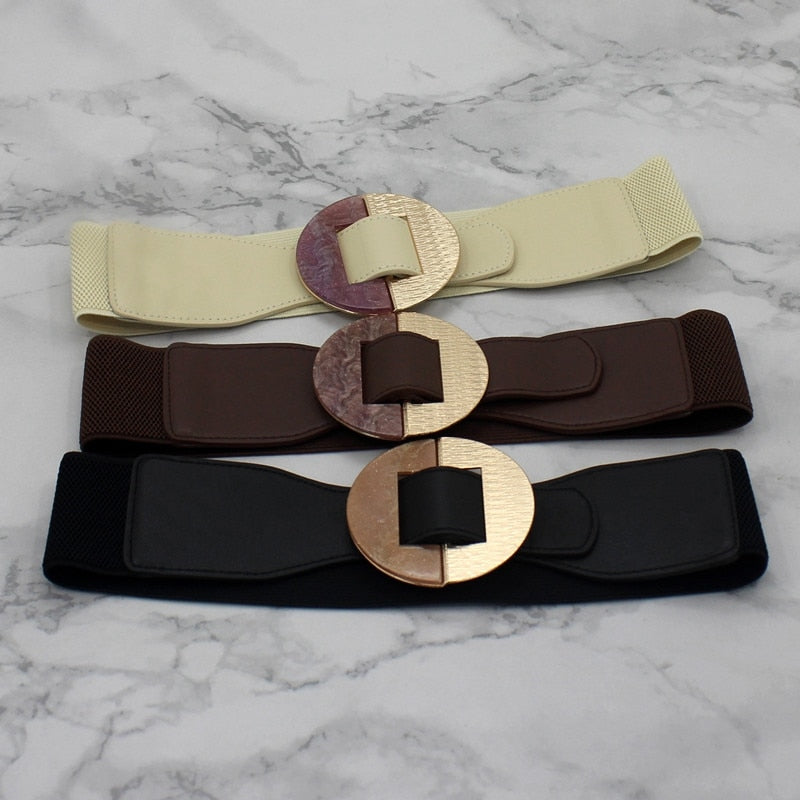 Women's PU Leather Alloy Round Buckle Elastic Waistbands Belts