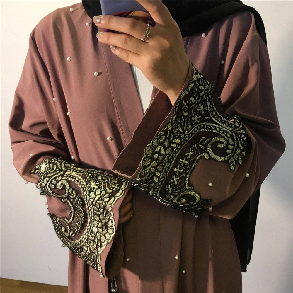 Women's Arabian Polyester Full Sleeve Beaded Elegant Open Abaya