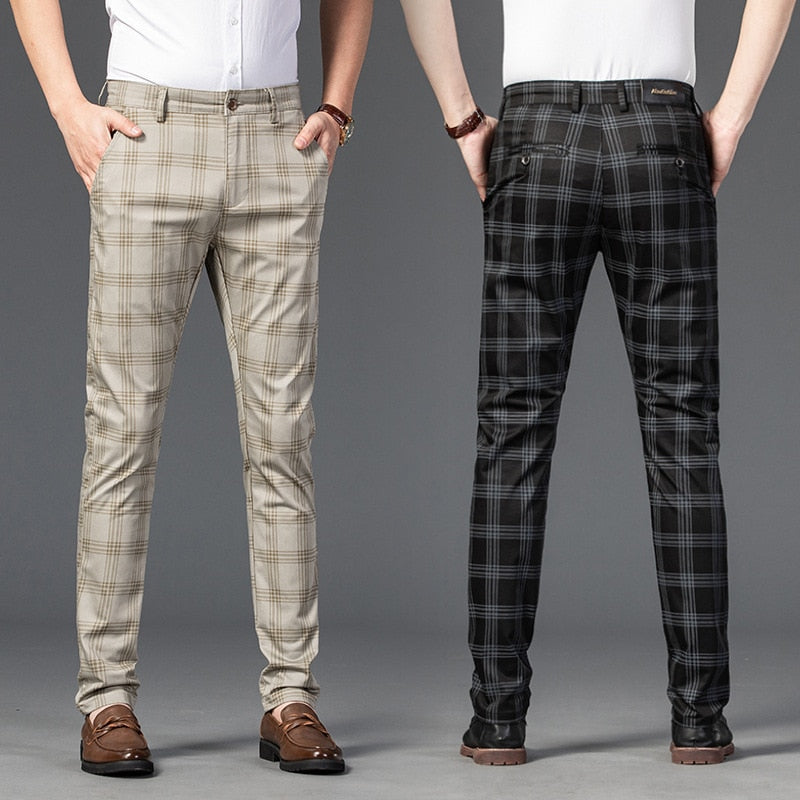 Men's Polyester Zipper Fly Closure Plaid Pattern Formal Pants