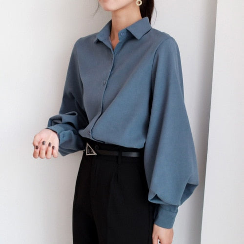 Women's Turn Down Neck Lantern Sleeves Office Wear Blouse