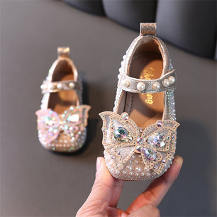 Kid's PU Hook Loop Closure Beaded Butterfly Pattern Casual Shoes