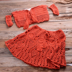 Women's Cotton Off Shoulder Two Pieces Knitted Solid Bikini Set