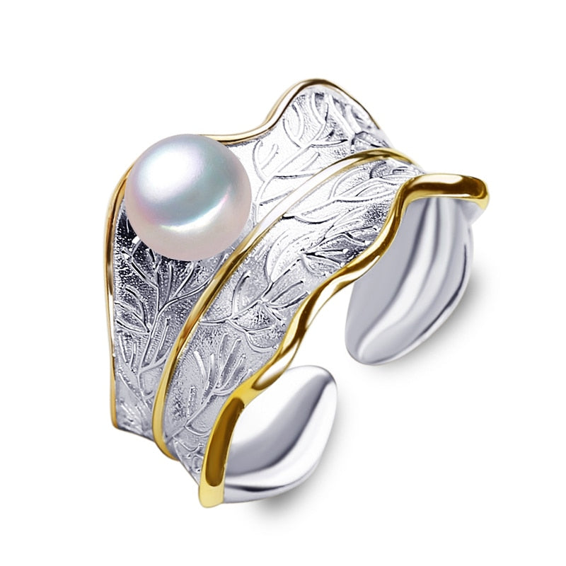 Women's 925 Sterling Silver Geometric Pattern Pearl Elegant Ring