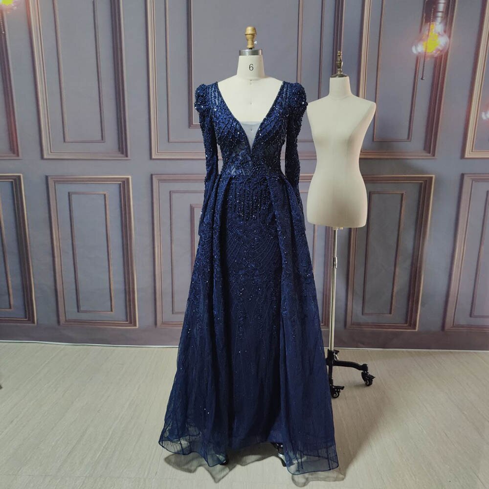 Women's V-Neck Full Sleeve Crystal Beaded Formal Gown Dress