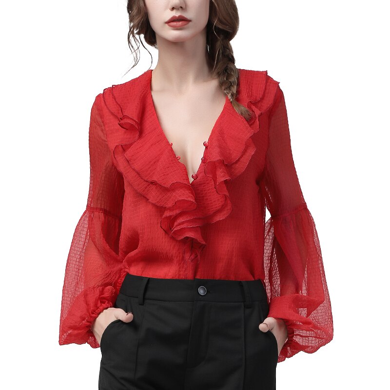 Women's Deep V-Neck Full Sleeve Solid Ruffle Chiffon Blouses