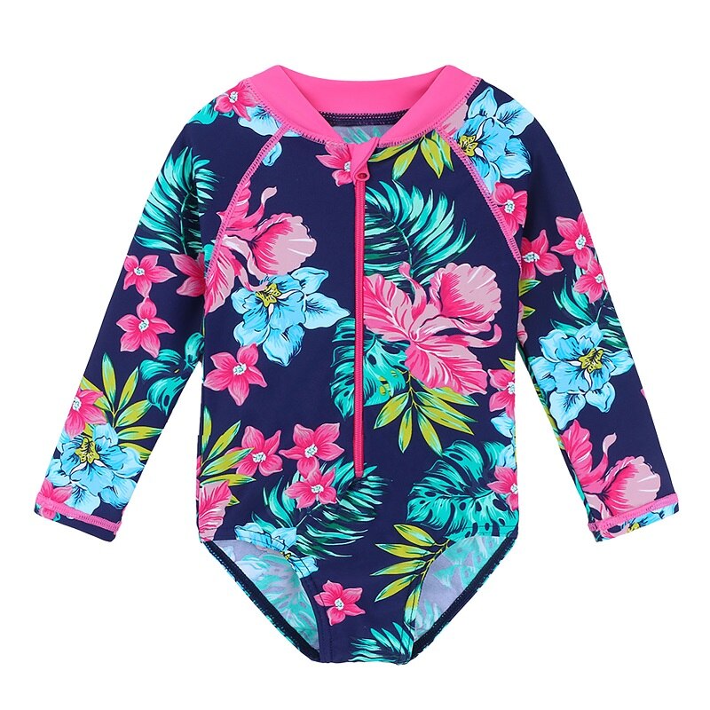 Baby's Spandex Full Sleeves One-Piece Floral Pattern Swimwear
