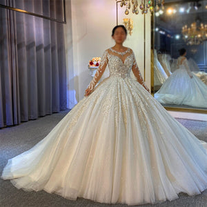 Women's V-Neck Full Sleeves Lace-Up Bridal Wedding Beading Dress