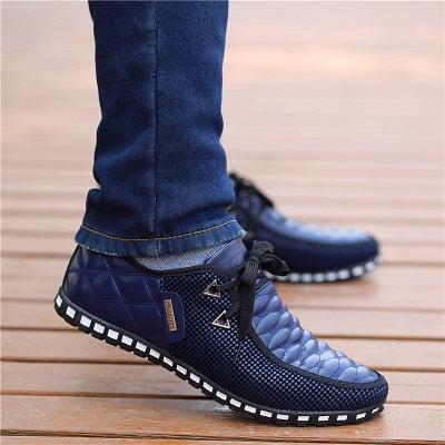 Men's Leather Breathable Pointed Toe Lace-up Closure Plaid Shoes