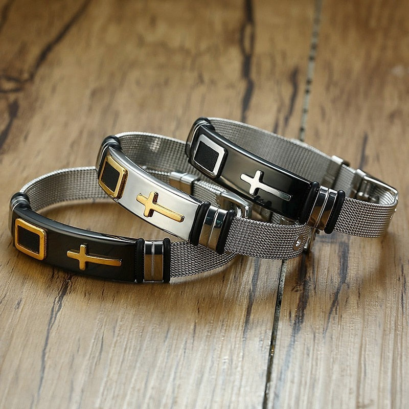 Men's Stainless Steel Toggle Clasp Cross Pattern Trendy Bracelet