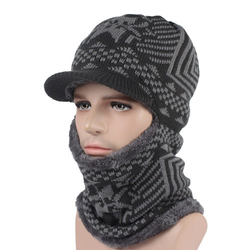 Men's Acrylic Knitted Printed Hat With Winter Wear Neck Scarf