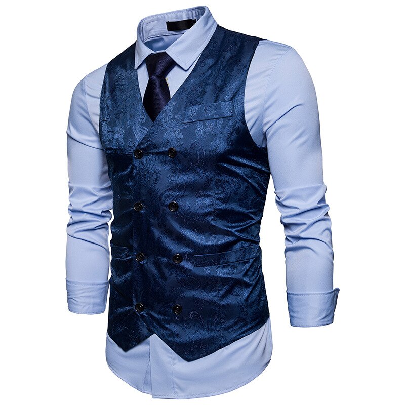 Men's V-Neck Polyester Double Breasted Printed Casual Suit Vest