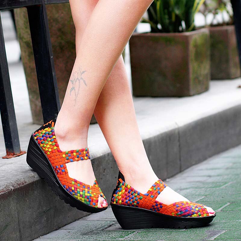 Women's Nylon Breathable Slip-On Closure Platform Woven Sandals