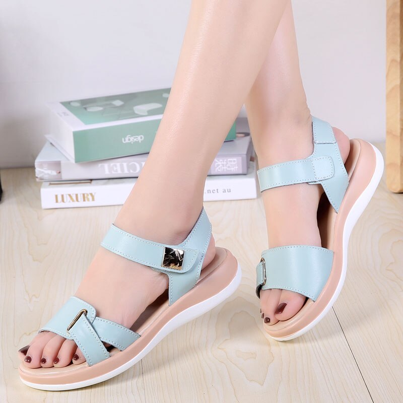 Women's Split Leather Hook Loop Closure Flat Casual Sandals