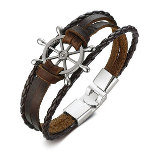 Men's Genuine Leather Hook Clasp Elegant Round Chain Bracelet