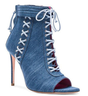 Women's Peep Toe Denim Thin Heels Cross-Tied Pattern Sandals