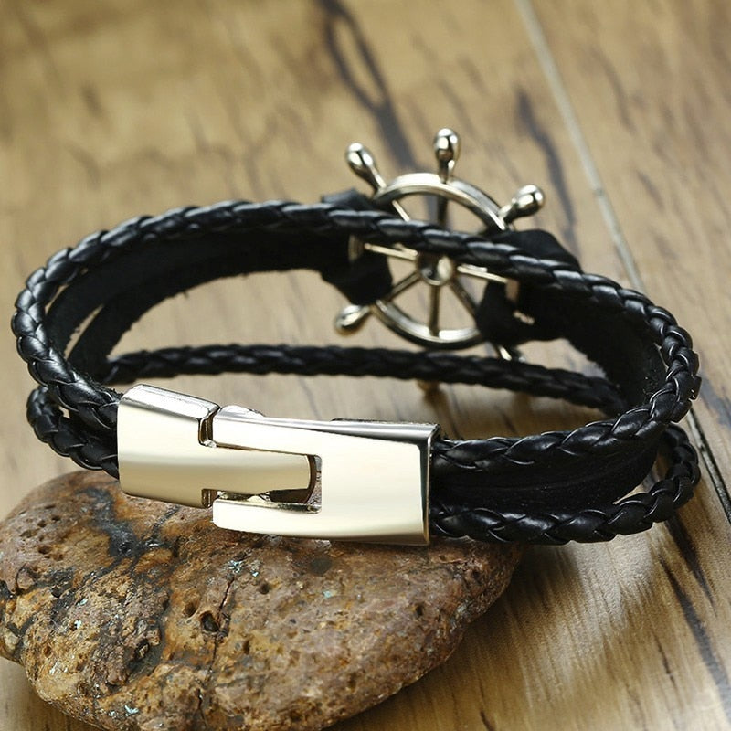 Men's Genuine Leather Hook Clasp Elegant Round Chain Bracelet