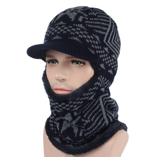 Men's Acrylic Knitted Printed Hat With Winter Wear Neck Scarf