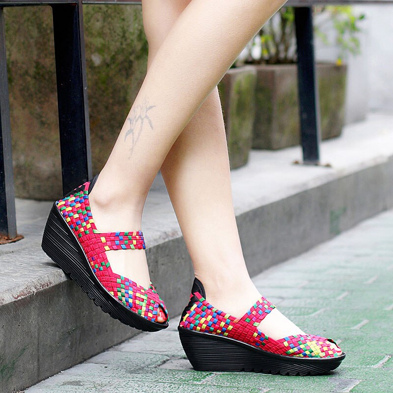 Women's Nylon Breathable Slip-On Closure Platform Woven Sandals