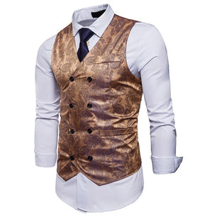 Men's V-Neck Polyester Double Breasted Printed Casual Suit Vest