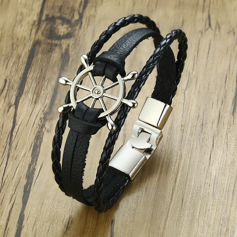 Men's Genuine Leather Hook Clasp Elegant Round Chain Bracelet