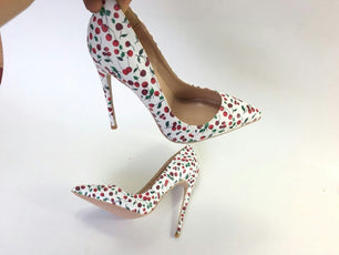 Women's Pointed Toe Cherry Pattern Pumps Thin High Heel Shoes