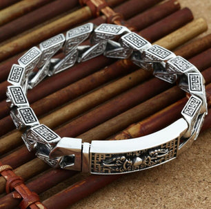 Men's 100% 925 Sterling Silver Geometric Pattern Ethnic Bracelet