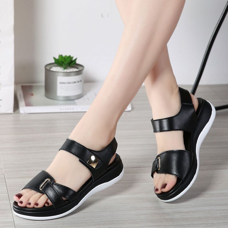 Women's Split Leather Hook Loop Closure Flat Casual Sandals