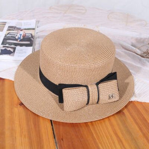 Women's Straw Bow Sun Protection Beach Elegant Letter Flat Hats