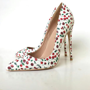 Women's Pointed Toe Cherry Pattern Pumps Thin High Heel Shoes