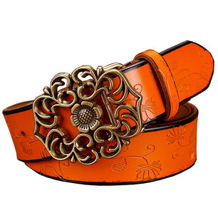 Women's Cowskin Genuine Leather Buckle Floral Pattern Strap Belt