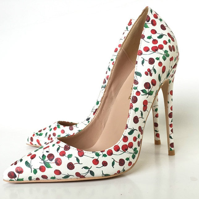 Women's Pointed Toe Cherry Pattern Pumps Thin High Heel Shoes