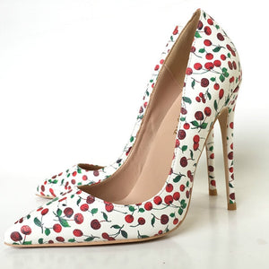 Women's Pointed Toe Cherry Pattern Pumps Thin High Heel Shoes