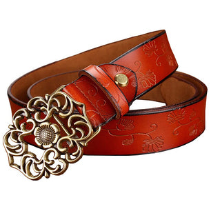 Women's Cowskin Genuine Leather Buckle Floral Pattern Strap Belt