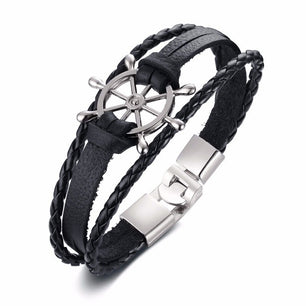 Men's Genuine Leather Hook Clasp Elegant Round Chain Bracelet