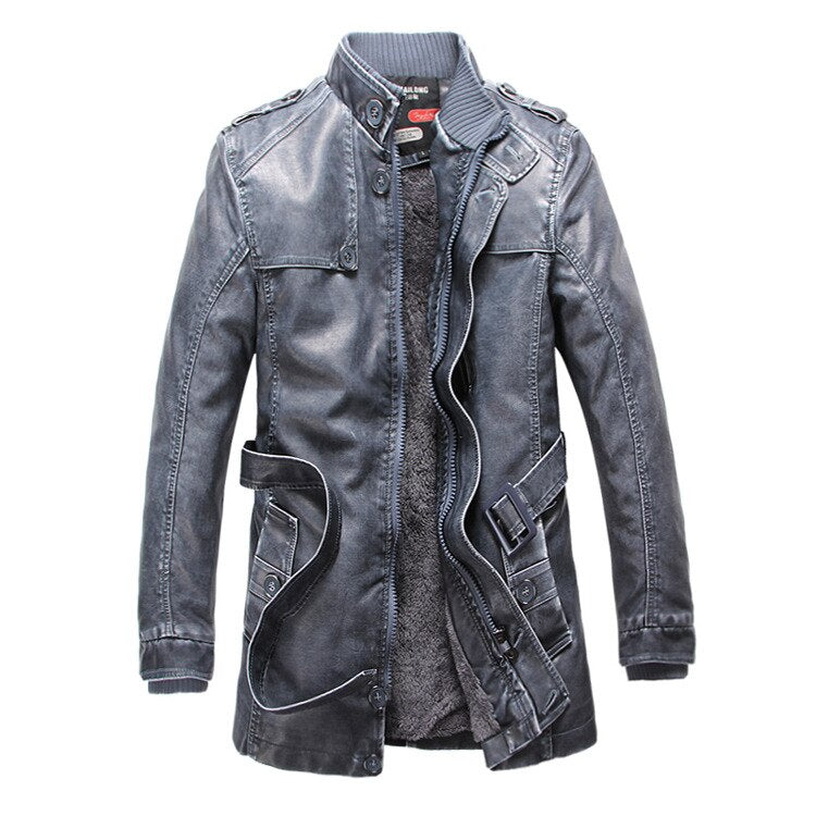 Men's PU Leather Full Sleeves Thick Long Trench Winter Jacket