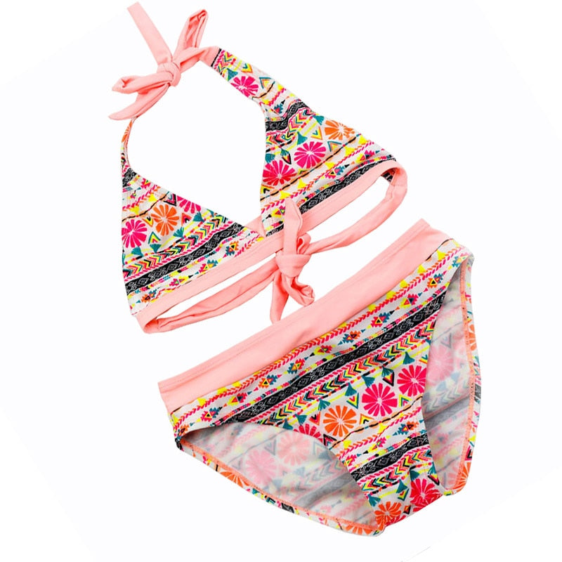 Kid's Polyester Sphagetti Strap Closure Printed Bikini Set