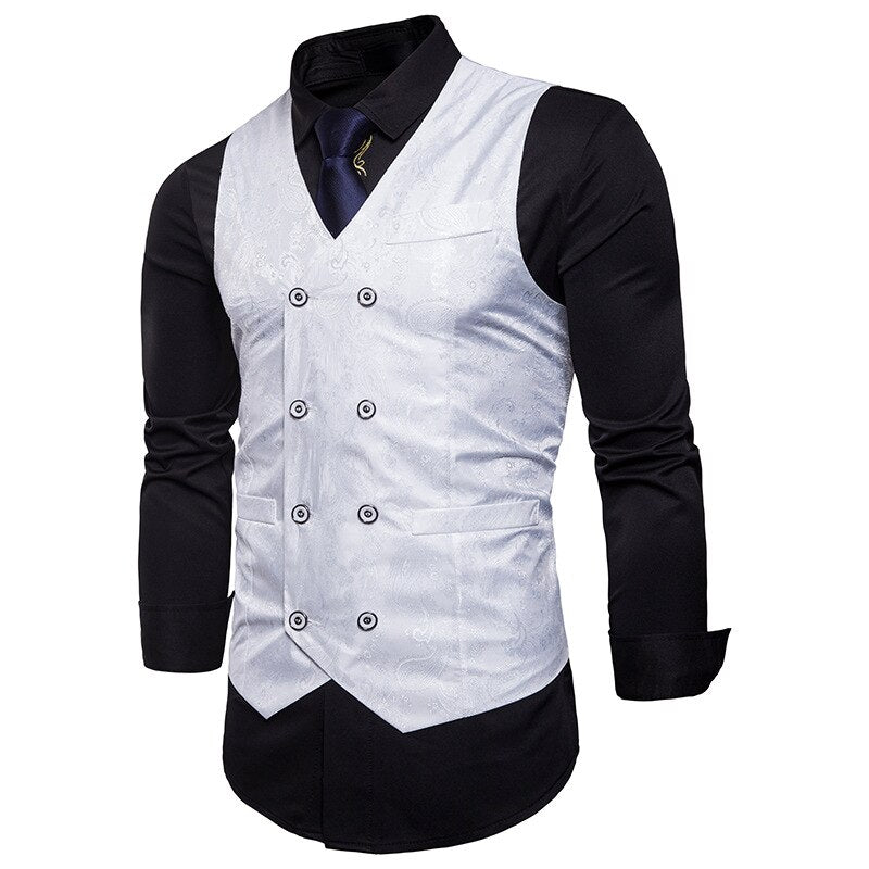 Men's V-Neck Polyester Double Breasted Printed Casual Suit Vest