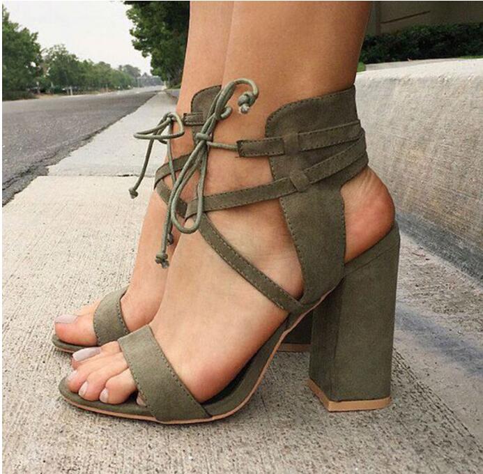 Women's Faux Suede Lace-up Closure Square Heels Pumps Sandals