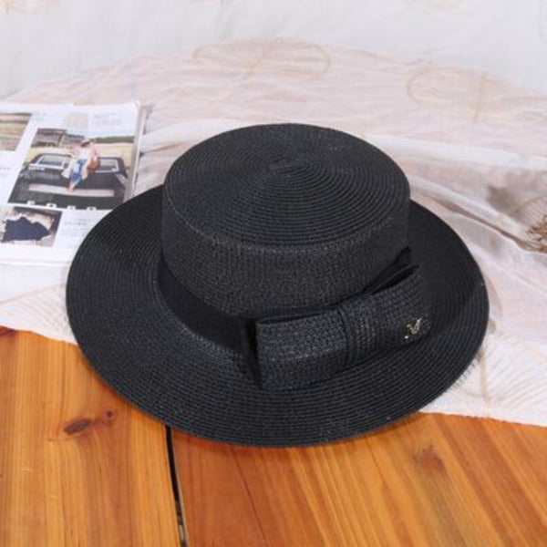 Women's Straw Bow Sun Protection Beach Elegant Letter Flat Hats