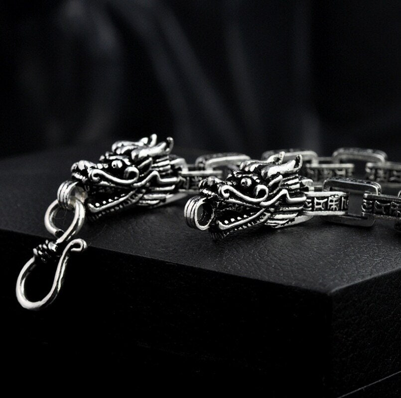 Men's 100% 925 Sterling Silver Link Chain Dragon Pattern Bracelet